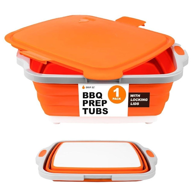 Drip EZ Collapsible BBQ Prep Tub - for Meal Prep Marinating Food Storage - Includes Cutting Board & Locking Lid - (1) JR - Orange