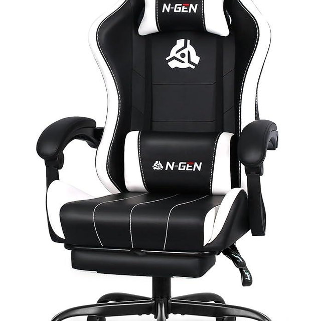 N-GEN GAMING Video Gaming Chair with Footrest High Back Ergonomic Comfortable Office Computer Desk with Lumbar Support Height Adjustable with PU Leather Recliner for Adults Women Men (White)