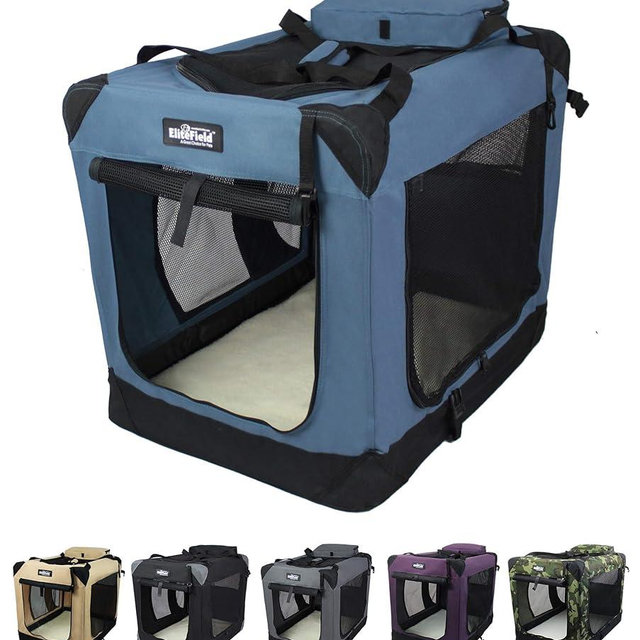 EliteField 3-Door Folding Soft Dog Crate with Carrying Bag and Fleece Bed (2 Year Warranty), Indoor & Outdoor Pet Home (30" L x 21" W x 24" H, Blue Gray)