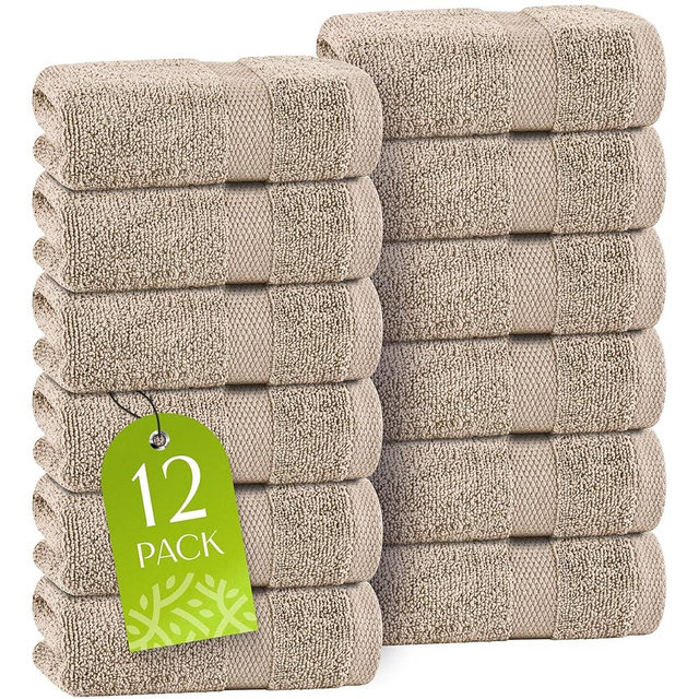 White Classic Taupe Washcloths Set for Body and Face Towel, Cotton Wash Cloths Bulk 12 Pack, Spa Fingertip Wash Clothes 12x12 Inch, Soft Absorbent Gym Towels