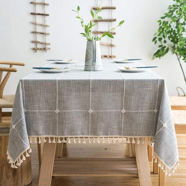 Oubonun Rustic Lattice Tablecloth (55"x70") Cotton Linen Grey Rectangle Table Cloths for Kitchen Dining