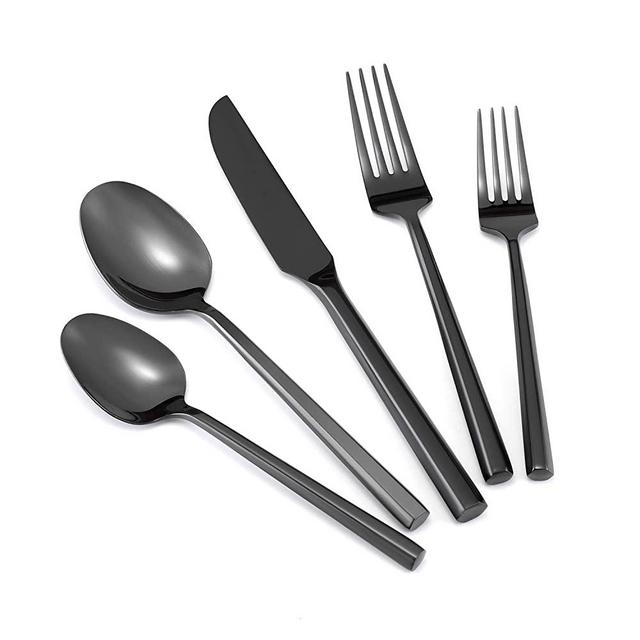 Kelenfer Flatware Set Black Silverware Set Stainless Steel Mirror Polished 20 Piece Cutlery Set with Hexagon Handle Service for 4