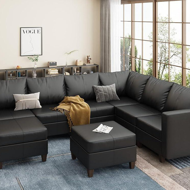 EASE MOOSE Faux Leather Sectional Sofa with Storage,Large U Shaped Faux Leather Modular Couch Sofa, Black