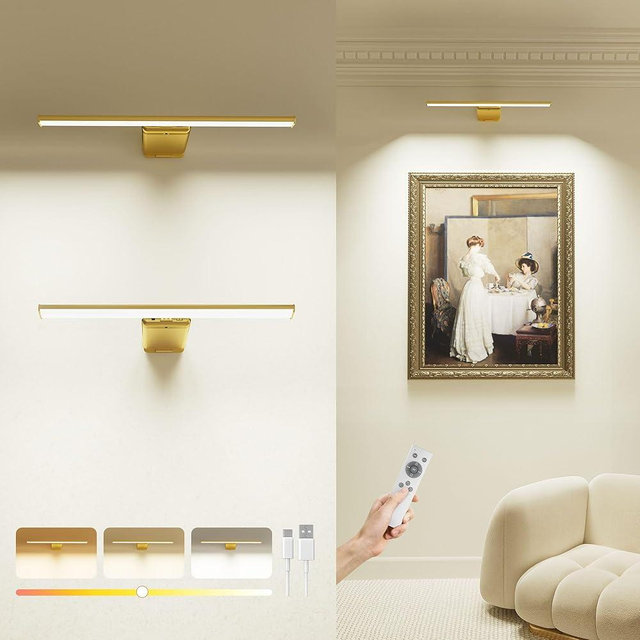 Picture Light for Wall with Remote, Picture Lights Battery Operated Rechargeable 12000mAh, 3 Colors & 3 Timers, Brightness Dimmable for Gallery Poster Frame Painting Photo Art Display (Gold, 2 Pack)