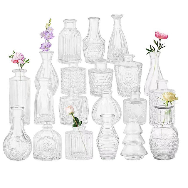 Set of 20 Glass Bud Vases,Small Clear Vases,Wedding Centerpiece Table Decorations,Clear Vintage Embossed Mini Vases,Flower Arrangements in for Party or Home Decor