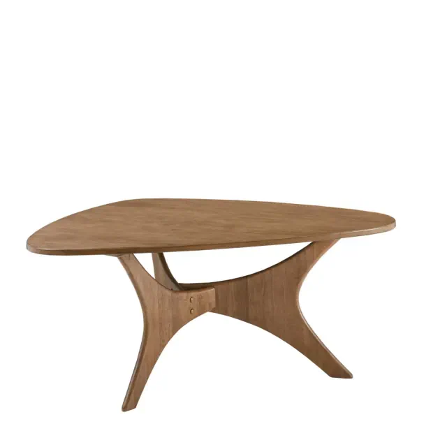 Blaze Triangular Wood Coffee Table Light Brown: Mid-Century Modern, Elm Finish, Unique Cross Base