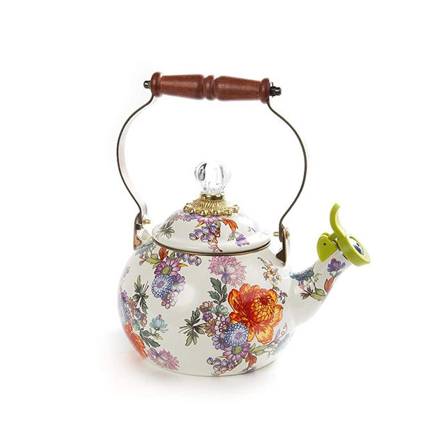 MacKenzie-Childs Flower Market Enamel Whistling Tea Kettle, Decorative Teapot, White