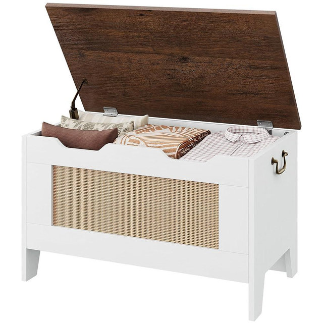 IDEALHOUSE Storage Chest, Rattan Toy Chest for Boys Girls, 30" Kids Wood Large Toy Box, Storage Bench with Safety Hinge,Storage Trunk for Entryway, Living Room, Bedroom, Playroom, White