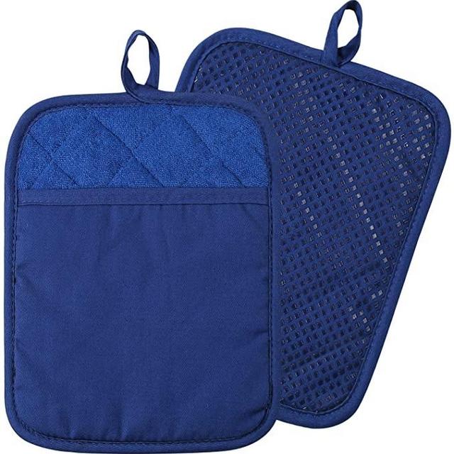 100% Cotton with Silicone Kitchen Everyday Basic Pot Holder Heat Resistant Coaster Potholder Oven Mitts with Pocket for Cooking and Baking Set of 2 Blue