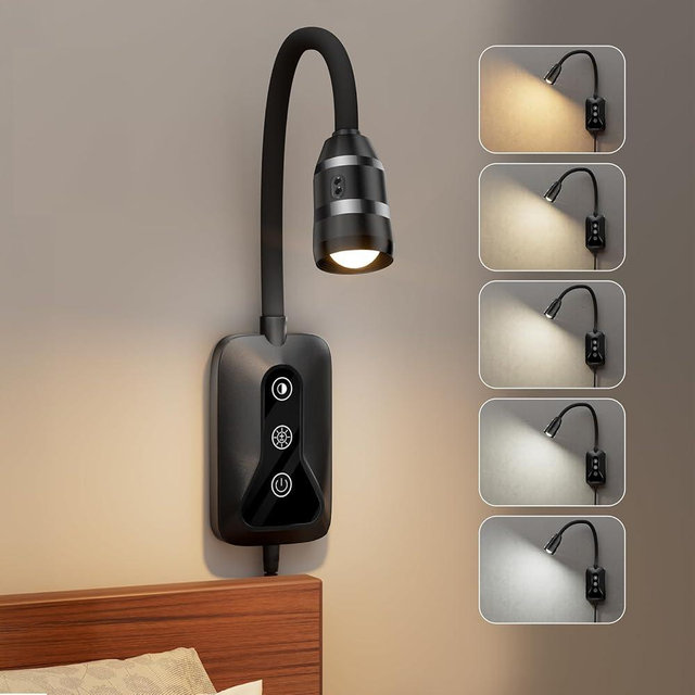 HUAEU Wall Mounted LED Reading Light for Bed Headboard - 5 Color & Brightness Levels Dimmable Book Light with Touch/Wave Control, USB Output - Night Reading Lamp for Books in Bed