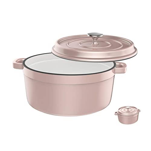 Especo Cast Dutch Oven Iron with Lid Enameled Casserole Dish Nonstick Multi-functional Cookware Large Loop Handles & Self-Basting Condensation Ridges On Lid (6-quart, Pink)
