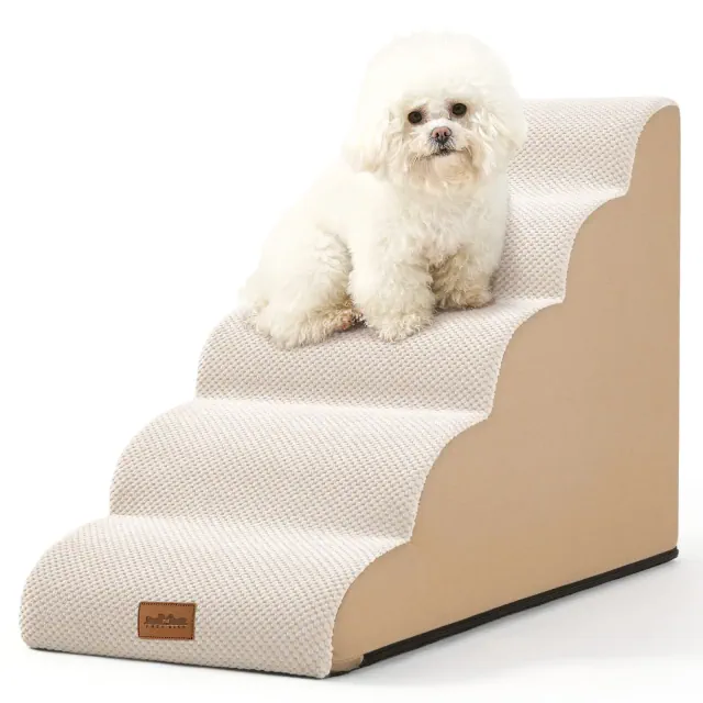PetSafe Curved Dog Stairs – Foam Ramp for Small Pets, Non-Slip Ladder for Bed & Sofa with Waterproof Cover,Beige