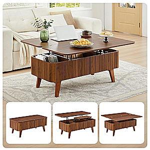 3 in 1 Lift Top Coffee Table, Fluted Convertible Coffee Tables Converts to Dining Tables, Modern Oval Wooden Center Table with Storage for Living Room Office Small Space, Partial Assembly (Walnut)