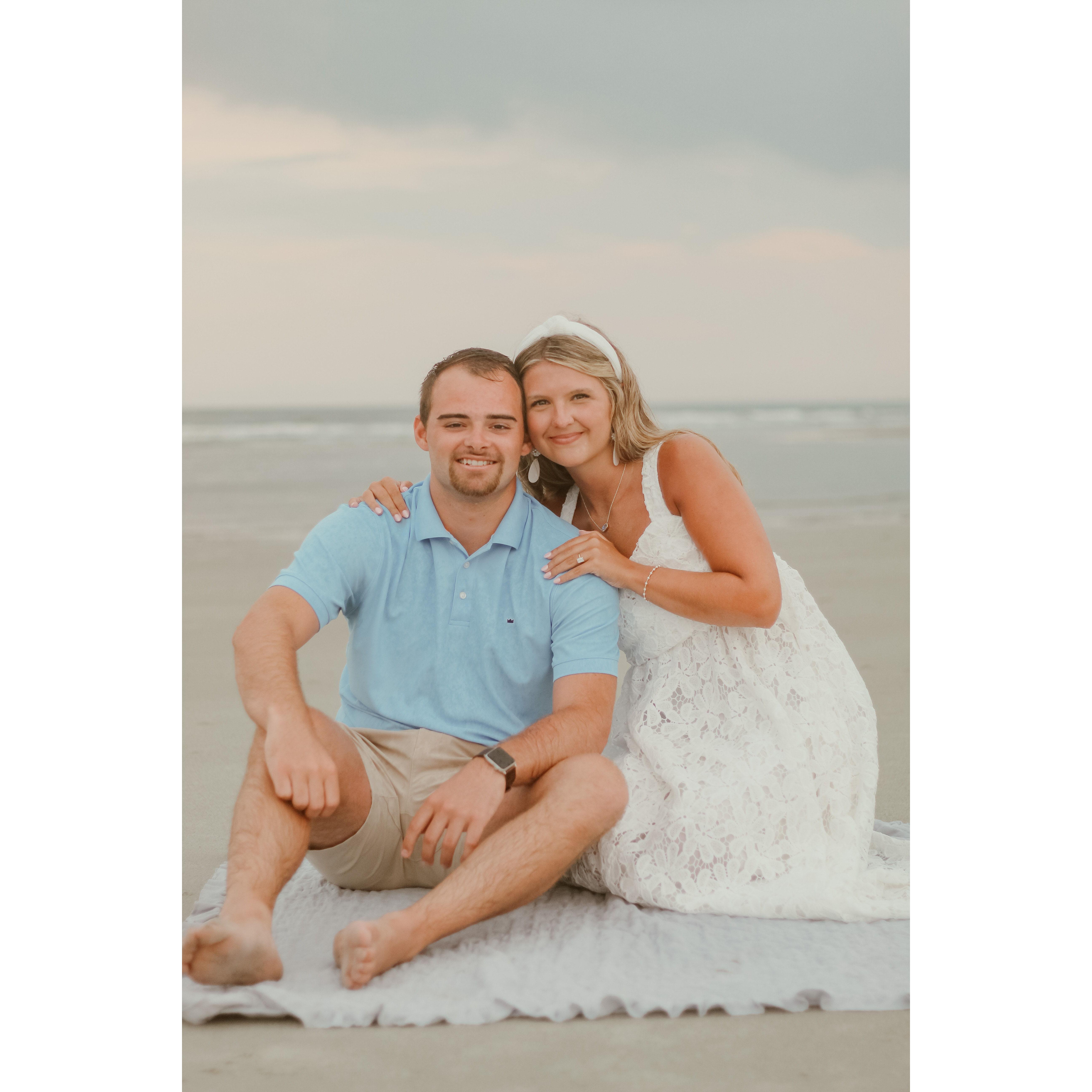 We took pictures on the beach after he proposed at Hilton Head Island on July 5, 2023!