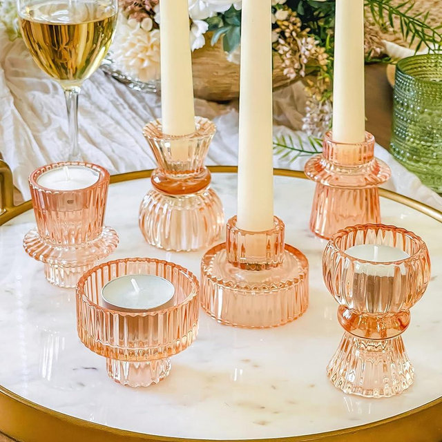 Kate Aspen Doube Sided Vintage Ribbed Rose Gold Pink Glass Candlestick Holders, Pillar Candle, Tealight & Votive Candle Holders (Set of 6, 3 Sizes), Dining Table Decor, Shelf Decor, Centerpiece