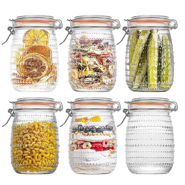 32 Oz Glass Mason Jars with Airtight Lids 6 Pack, Wide Mouth Canning Jars with Clip Top Lids for Kitchen Storage Pickling Salad Jams Coffee Beans