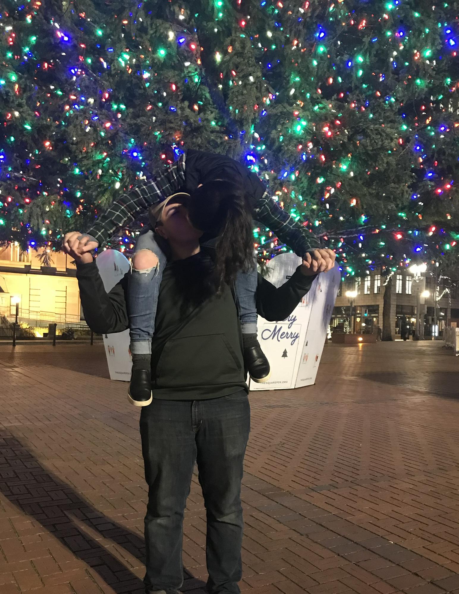 Dustin and Maya at Pioneer Courthouse Square during Christmas of 2018