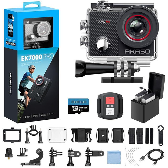 AKASO EK7000 Pro 4K30fps Action Camera with 256GB MicroSDXC U3 Card Accessories Kit Bundle, 20MP Ultra HD 131ft Waterproof Underwater Camera EIS WiFi Remote Control 5X Zoom Sport Cameras