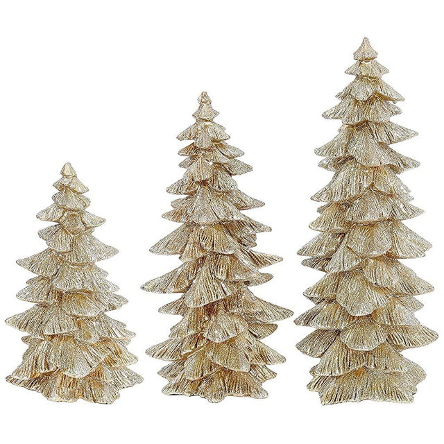 Raz Set of 3 Champagne Gold Glittered Christmas Trees- 6.5 inches to 9.5 inches Tall