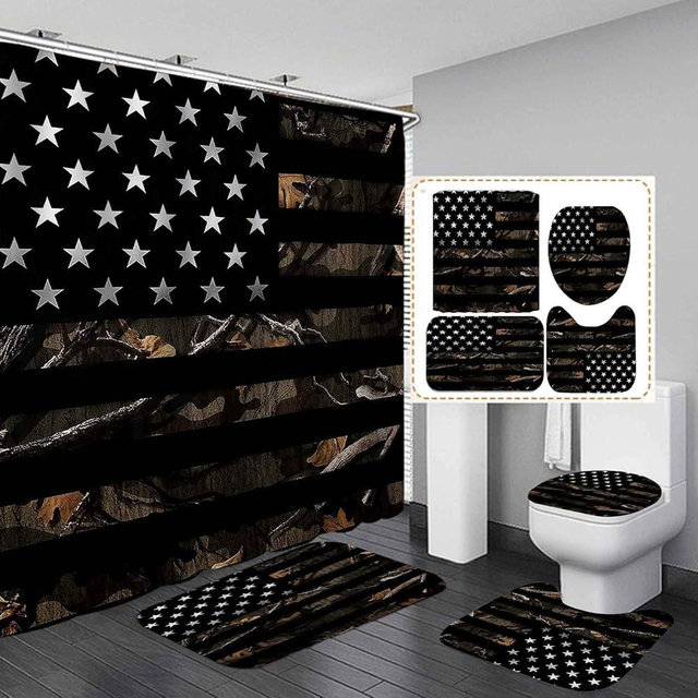 SKAILIÉ 4PCS Camo Black American Flag Shower Curtain Set, Camouflage USA Flag Woodland Forest Hunting Cabin Country Rustic Farmhouse Bathroom Decor, Waterproof Fabric Shower Curtain, Non-slip Bath Mat