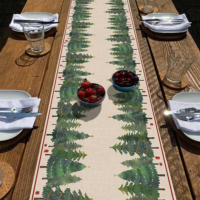 Seliem Christmas Pine Trees Table Runner, Xmas Tabletop Scarf Home Kitchen Red Green Winter Holiday Decor Sign, Seasonal Farmhouse Rustic Burlap Dining Decorations Party Supply 13 X 72 Inch