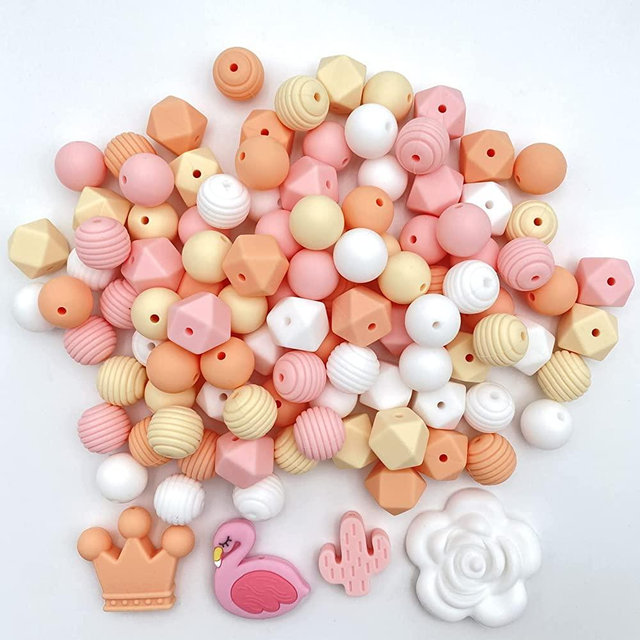 Scyagolila 108pcs Silicone Loose Beads Flamingo, DIY Necklace Bracelet Beads for Craft Set Jewelry, 15mm Colorful Round Silicone Beads Bulk Polygonal Assorted Beads( Flamingo)