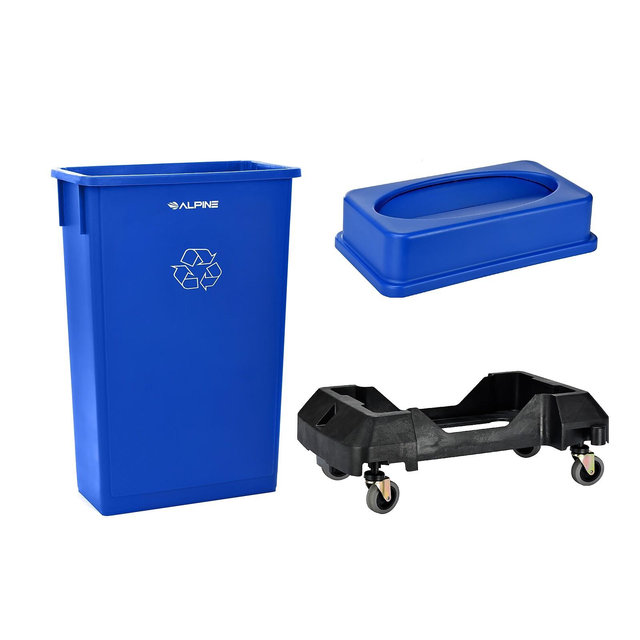 Alpine Industries Plastic Indoor Slim Commercial Indoor Recycling Bin with Lid and Dolly 23 Gallon