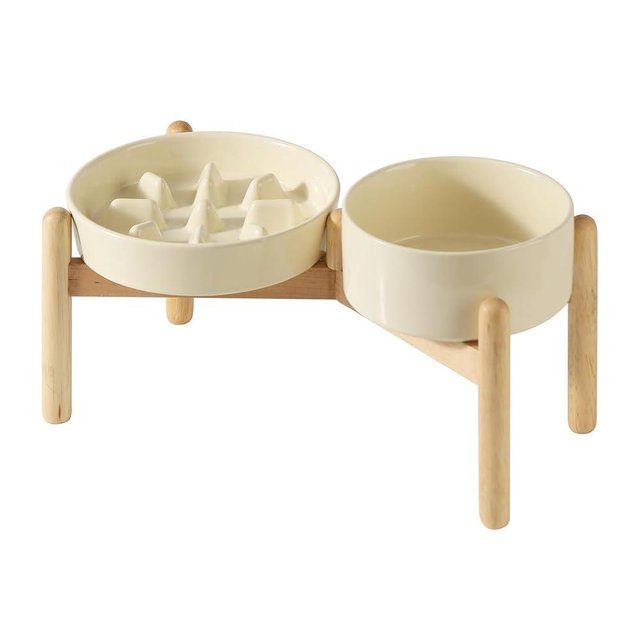 Havniva Ceramic 1.2 Cup Raised Slow Feeder Dog Bowl Set, Elevated 6.1inch Bowl and 7.3inch Slow Pet Food Dish with Wooden Stand for Small and Medium Dog (2 x Beige+ Stand)