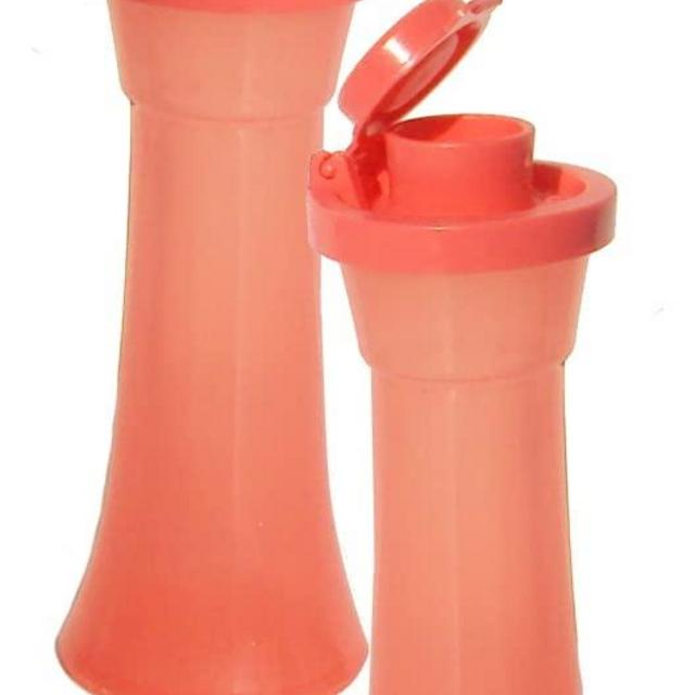 Tupperware Mini 4 Inch Hourglass Salt and Pepper Shakers Coral Color