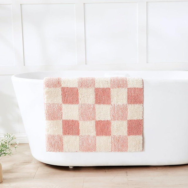 CozeCube Pink Checkered Bath mats for Bathroom Non Slip, Fluffy Absorbent Microfiber Runner Bath mat Washable, Aesthetic Bathroom Rugs, Long Bath mat for Bathroom Floor, 47"X24"