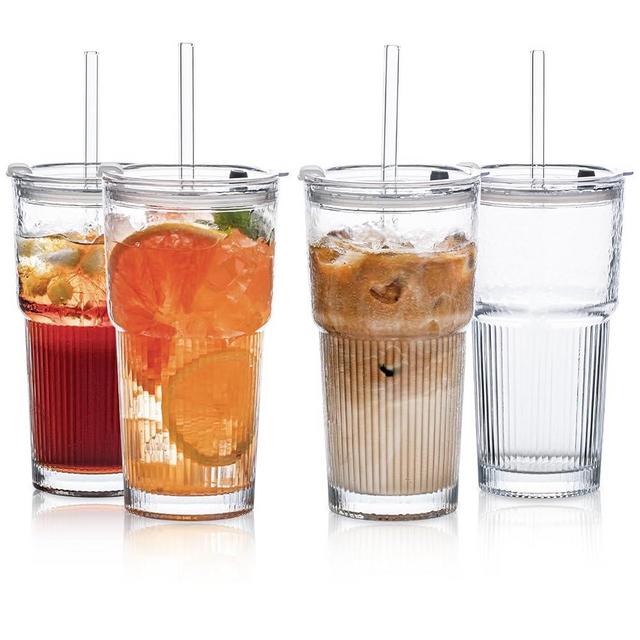 20oz Glass Tumblers with Lids and Straws, Set of 4 - Stylish Ribbed Design Drinking Glasses for Iced Coffee Cups, Juice, Smoothies, Cold Beverages, Includes Cleaning Brush, Durable Glassware
