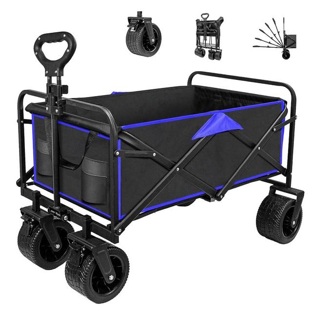SZHLUX Collapsible Foldable Wagon,Beach Wagon with Big Wheels for Sand,Utility Grocery Wagon with Side Pocket and Brakes for Camping Sports Outdoor Activities