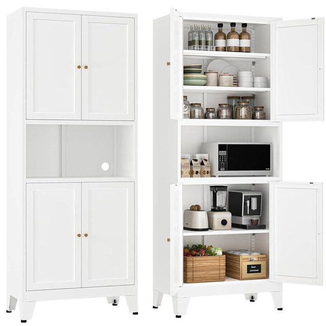 YAUWOH 69''Metal Pantry Storage Cabinet with 4 Doors & 3 Adjustable Shelves,Kitchen Pantry Cabinet with Microwave Shelf,Microwave Stand with Storage for Kicthen,Dining Room,Bathroom White