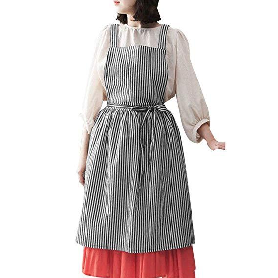 Women Casual Bib Aprons Striped Cooking Bakery Florist Chef Overalls Dress