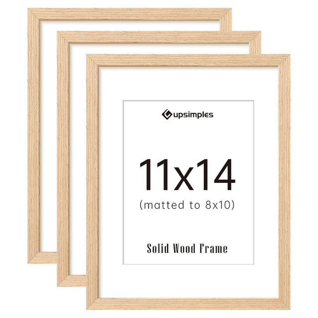 upsimples 11x14 Picture Frame Set of 3, Natural Solid Wooden Picture Frames, Display 8x10 with Mat or 11 x 14 Without for Vertical or Horizontal Wall Hanging