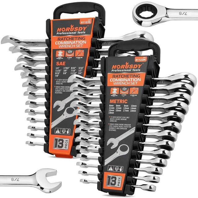 HORUSDY 26-Piece Ratcheting Wrench Set | Metric and SAE | Ratchet Combination Wrenches Set with Organizer | 72-Tooth | Chrome Vanadium Steel | 6-19 mm & 1/4” to 3/4“ (13-Piece Metric&SAE)