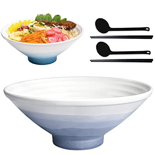 Modern Japanese Ramen Bowl Set - 62fl oz ramen bowls and spoons set, large ramen set 2x Porcelain ceramic ramen bowl, salad bowl, Pho Bowl, soba, udon noodle bowls - Include Recipes E-Book