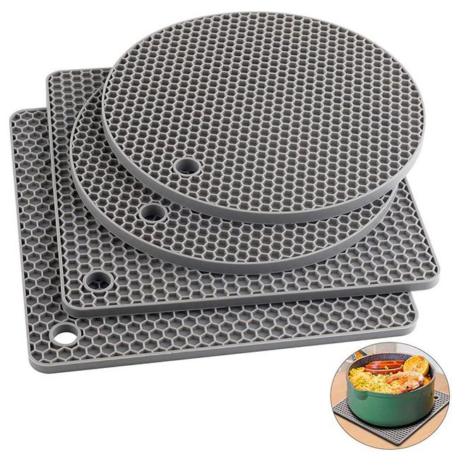 Silicone Trivet Mats, Silicone Pot Holders for Hot Pots and Pans. Heat Resistant Counter Mats for Tables, Countertops, Spoon Rest and Large Coasters, 4 Pack Gray, 2 Square + 2 Round Mats