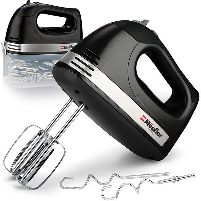Mueller Electric Hand Mixer, 5 Speed 250W Turbo with Snap-On Storage Case and 4 Stainless Steel Accessories for Easy Whipping, Mixing Cookies, Brownies, Cakes, and Dough Batters - Black