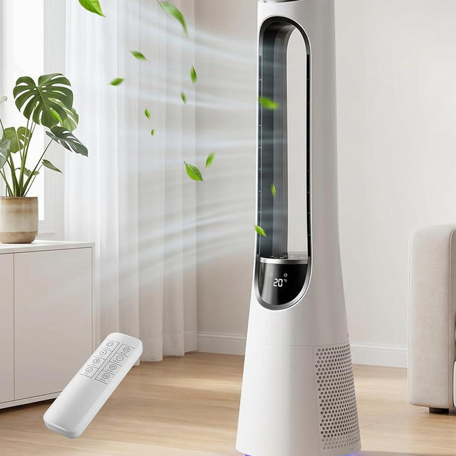 AKIRES 38" Bladeless Tower Fan, Bladeless Fan with 4 Modes, 20 Speeds,120° Oscillating, 5 LED Colors, 12H Timer, Ultra-Quiet DC Motor, Remote Control, Tower Fan for Indoor, Bedroom, Office Matte White