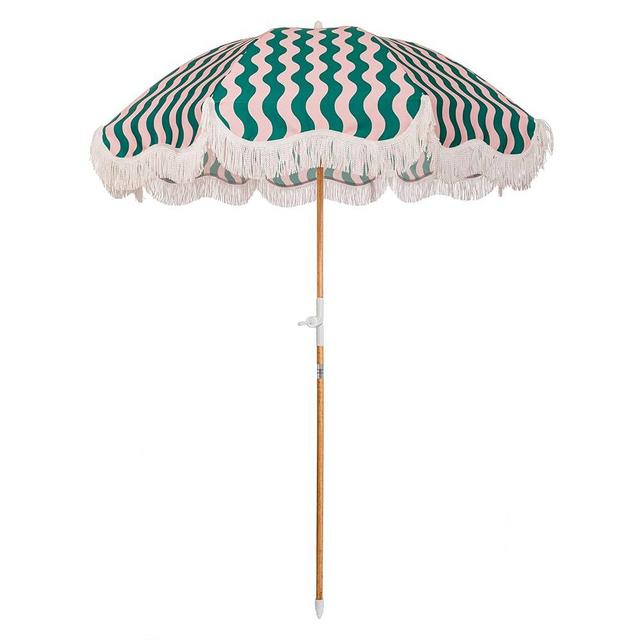 Business & Pleasure Co. Holiday Umbrella - Boho Beach Umbrella with White Fringe, UPF 50+, 1" Tilting Wood Pole, 5’ x 6.5’, Ocean Green and Pink Stripe