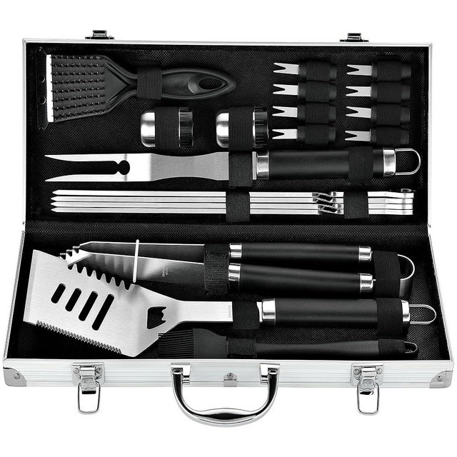 ROMANTICIST 20pc Heavy Duty BBQ Grill Tool Set in Case - The Very Best Grill Gift for Father's Day and Christmas - Professional BBQ Accessories Set for Outdoor Cooking Camping Grilling Smoking, Black