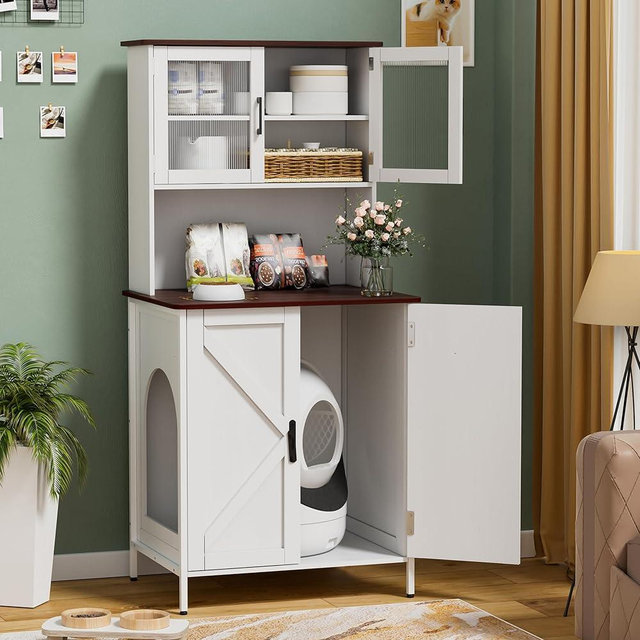 PAKASEPT Cat Litter Box Enclosure Furniture for Self-Cleaning Cat Litter Box, Litter Box Furniture with Shelves and Doors for Large Smart Litter Box