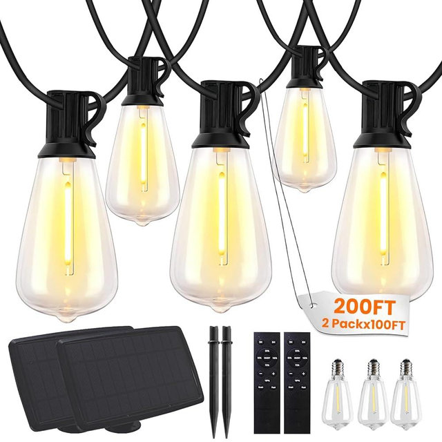 Bdrofn 200FT Solar String Lights Outdoor Waterproof, Solar Patio Lights with Remote Control & 60+3 Dimmable ST38 Edison Bulbs Shatterproof,Solar Powered String Lights for Outside Garden Backyard