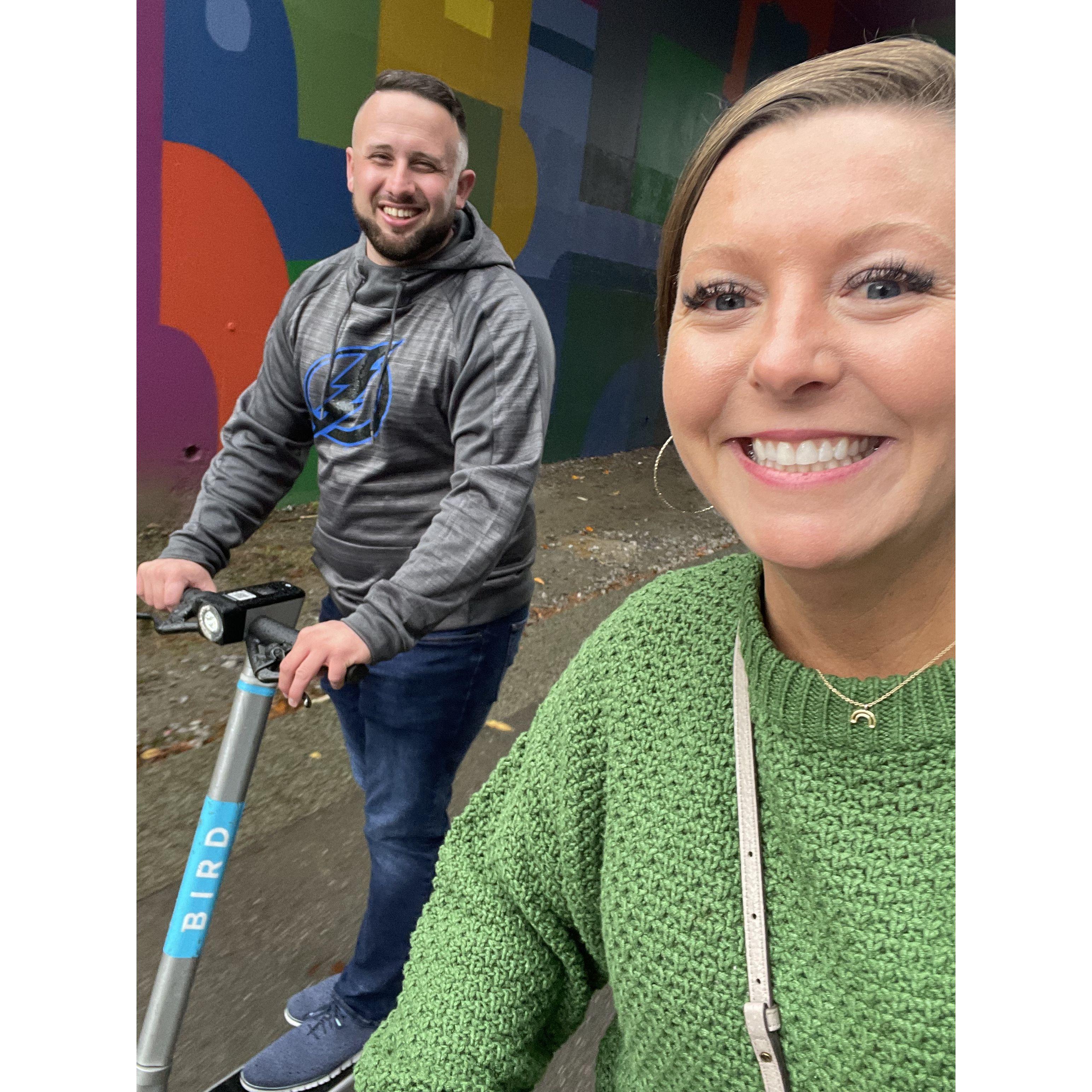 Our first photo ever... We scooted around the beltline in downtown Atlanta before the Braves game!