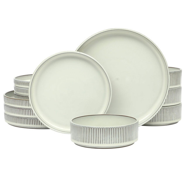 Gibson Elite Townscape 12 Piece Plates and Bowls Reactive Glaze Embossed Round Dishes Terracotta Dinnerware Set White