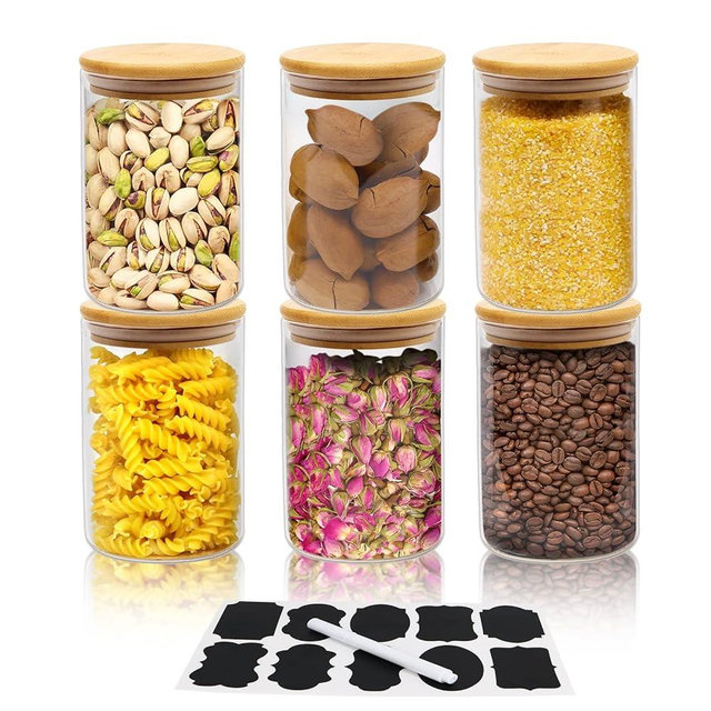6 Piece Glass Storage Jars Set with Airtight Bamboo Lids and Labels,18.6oz/550ml Glass Spice Jars Food Storage Containers for Home Kitchen,Pantry, Tea, Sugar, Salt, Coffee, Flour, Herbs, Grains