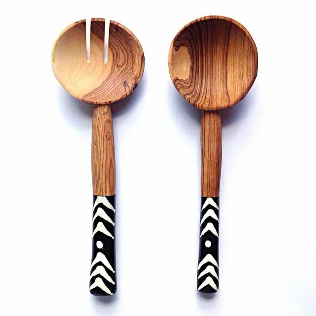 11-inch Olive Wood and Bone Handles Salad Serving Set