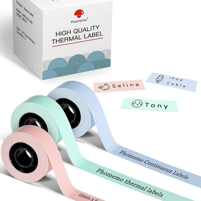 Phomemo Continuous Labels,3 Roll D30 Label Maker Tape,Durable Printed Non-Precut Label Color for Daycare,Name,Travel,Lunch Boxes,Cup,School Supplies,for Phomemo D30 Q30 D35,0.59'' x 19.68ft