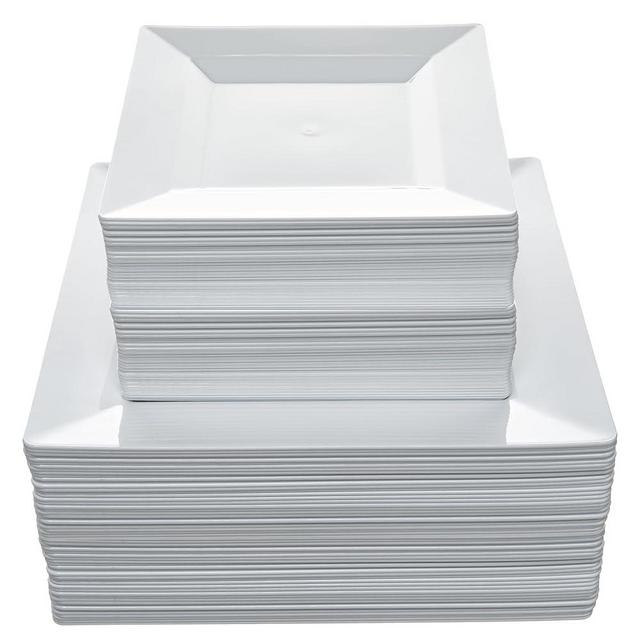 Aya's Cutlery Kingdom 200 Square Disposable Plates - Heavy Duty Includes 100 Dinner (10-Inch) & 100 Salad Appetizer (7-Inch) - Elegant White Party Plates for Holidays